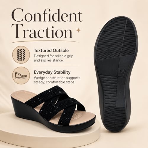 Women’s Rhinestone Cross-Strap Wedge Slides