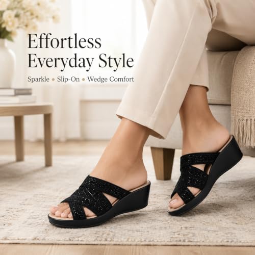 Women’s Rhinestone Cross-Strap Wedge Slides