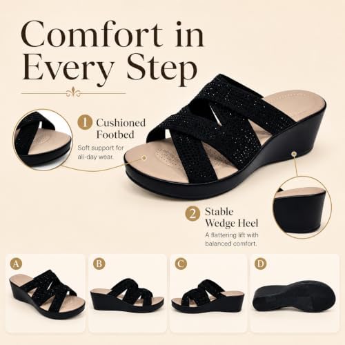 Women’s Rhinestone Cross-Strap Wedge Slides