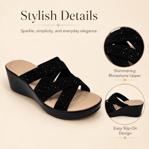 Women’s Rhinestone Cross-Strap Wedge Slides