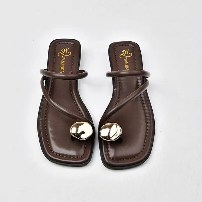 Women's V-Strap Toe Ring Flat Sandals in Brown