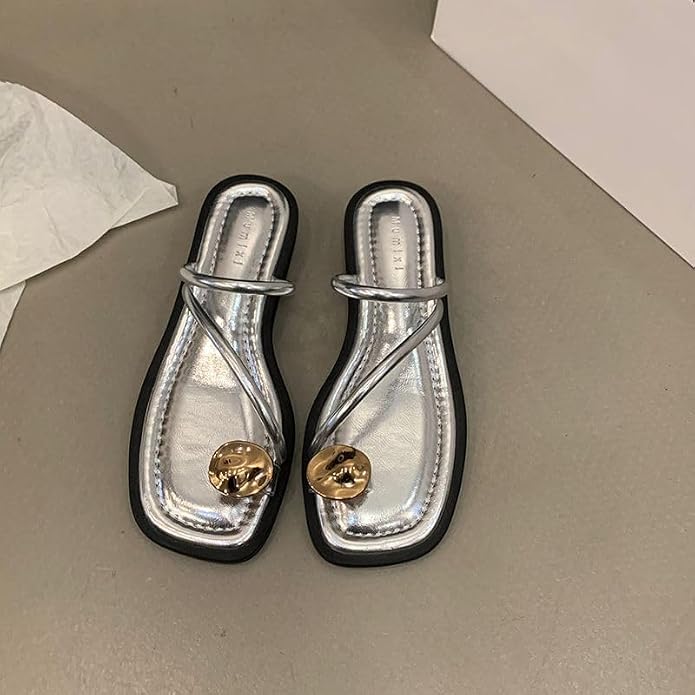 Women's V-Strap Toe Ring Flat Sandals in Silver