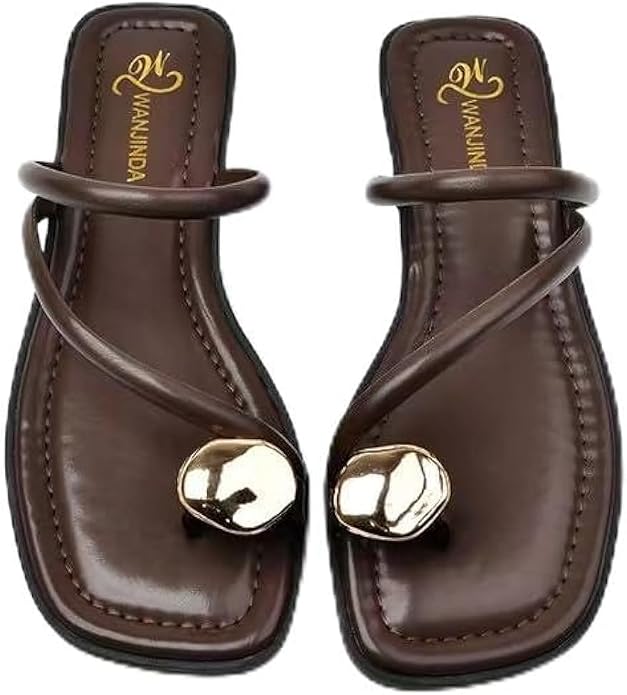 Women's V-Strap Toe Ring Flat Sandals in Brown