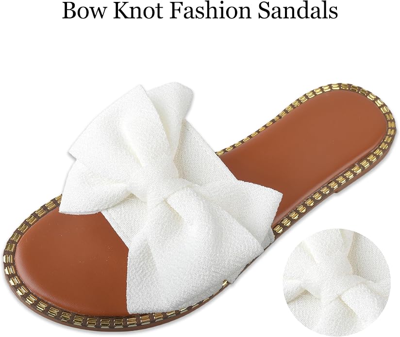 Women's Bow Knot Flat Slide Sandals in White