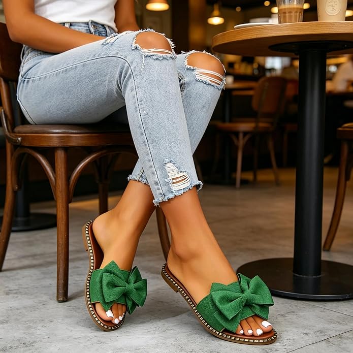 Women's Bow Knot Flat Slide Sandals in Green