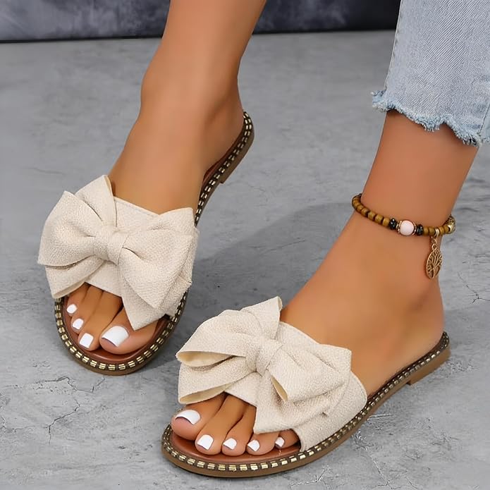 Women's Bow Knot Flat Slide Sandals in Beige