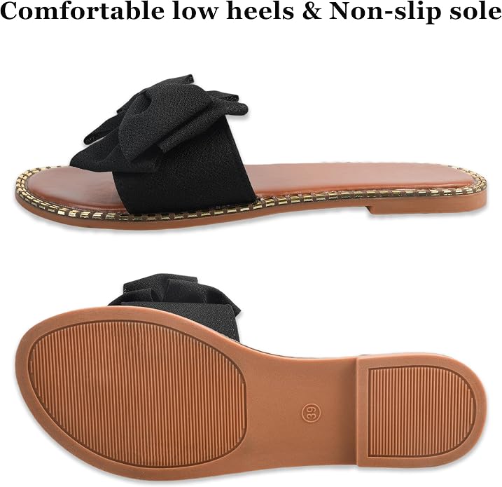 Women's Bow Knot Flat Slide Sandals in Black
