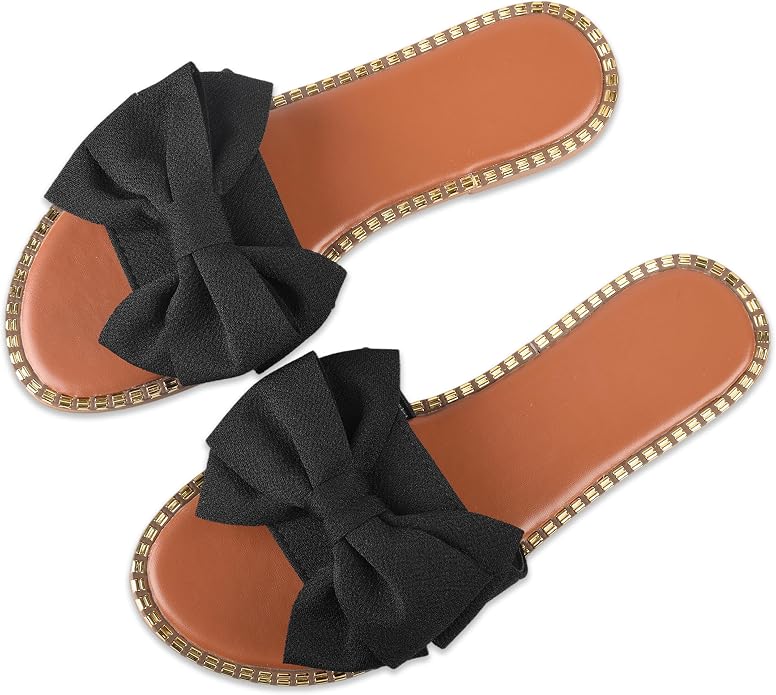 Women's Bow Knot Flat Slide Sandals in Black