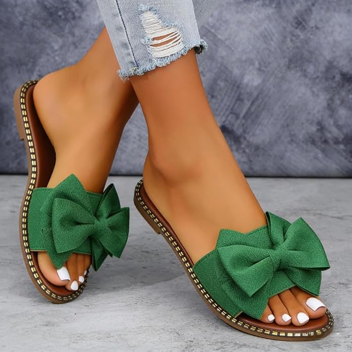 Women's Bow Knot Flat Slide Sandals in Green