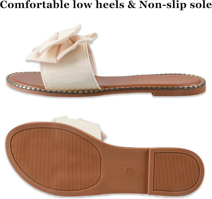 Women's Bow Knot Flat Slide Sandals in Beige