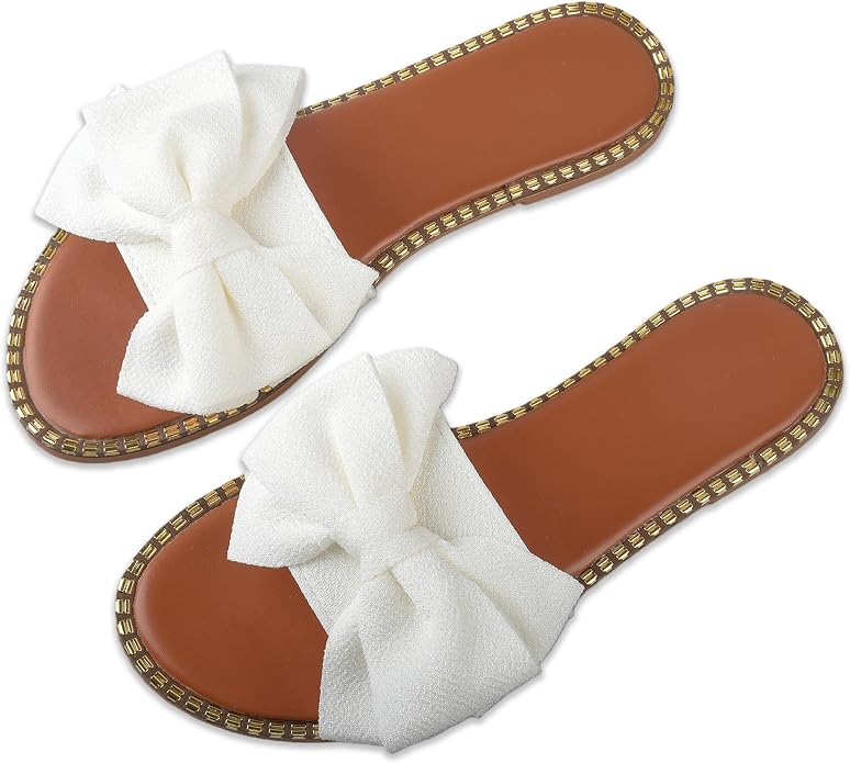 Women's Bow Knot Flat Slide Sandals in White