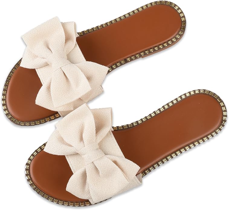 Women's Bow Knot Flat Slide Sandals in Beige