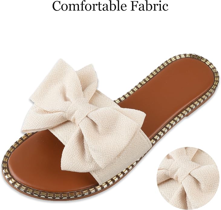 Women's Bow Knot Flat Slide Sandals in Beige