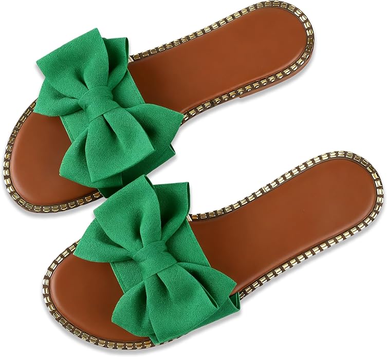 Women's Bow Knot Flat Slide Sandals in Green