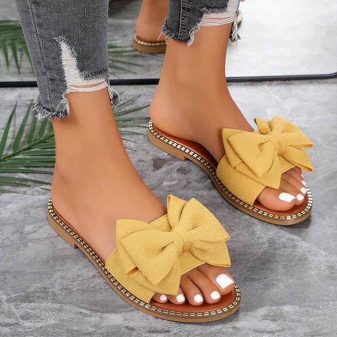 Women's Bow Knot Flat Slide Sandals in Yellow