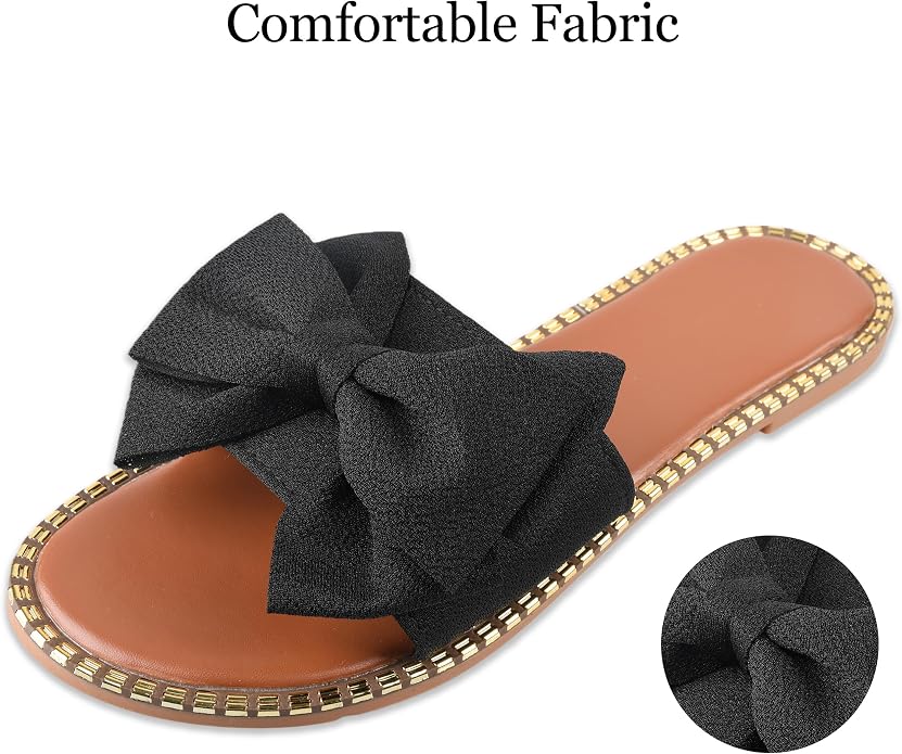 Women's Bow Knot Flat Slide Sandals in Black