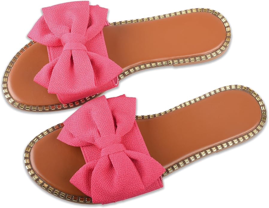 Women's Bow Knot Flat Slide Sandals in Hot Pink